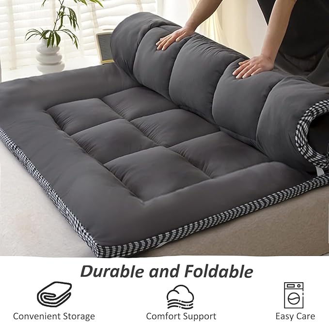 Thick Mattress Topper King Size - Non-Slip Mattress Pad Cover for Back Pain Breathable Folding Sleeping Pad Machine Washable Mattress Protector (78x80 inch,Black)