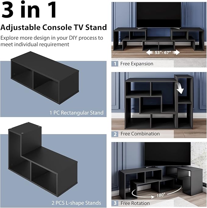 KOTEK TV Stand for 50 55 60 65 Inch TV, 3 Pieces Free Combination Bookshelf Organizer, TV Console Table with Open Storage Shelves, Modern Entertainment Center for Living Room, Bedroom