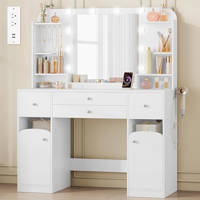 Vanity Desk with HD Mirror and Led Light, Makeup Vanity with Power Strip, Dressing Table with 4 Drawers, 42.5'' Large Tabletop, 2 Open Storage Cabinets, with Jewelry Storage, White