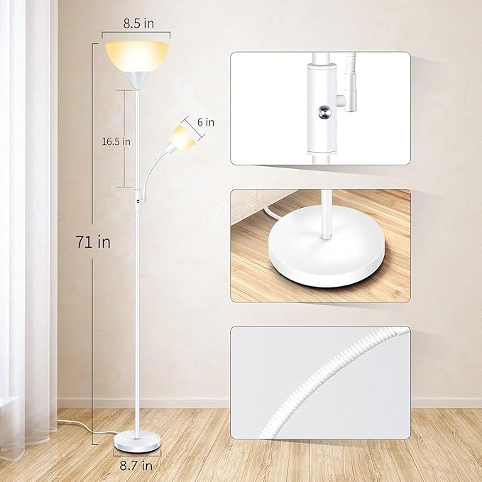 Floor Lamps for Living Room White, Standing Lamp, Torchiere Floor Lamps with Adjustable Reading Light, 71" Tall Pole Lamps, 3 Way Switch, Torch Corner Floor Lamp for Bedroom/Office(E26 Base, No Bulb)