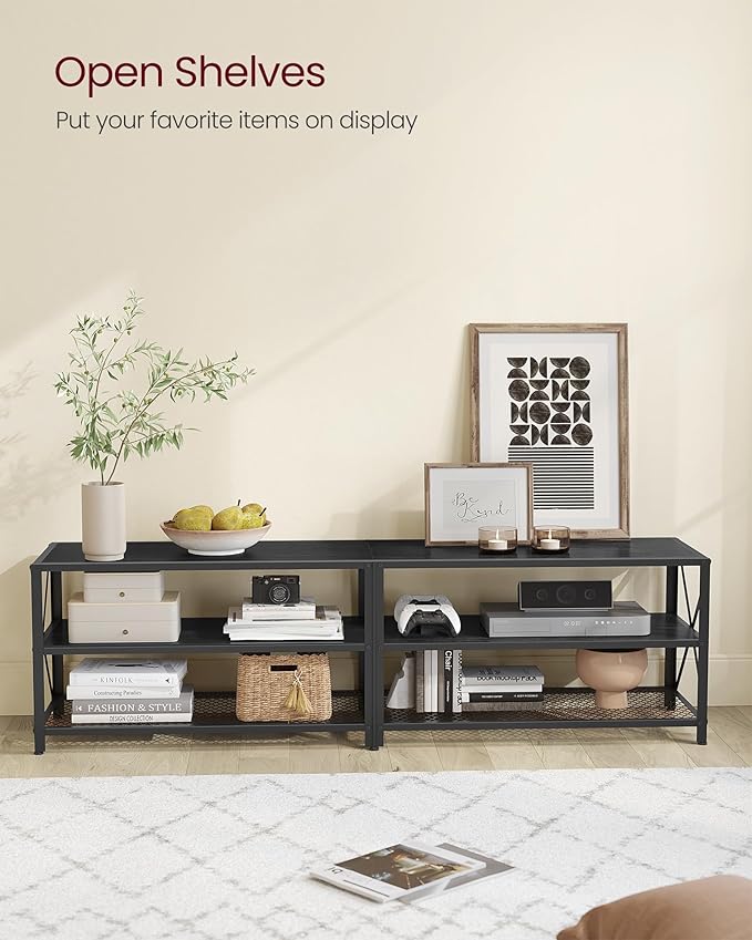 VASAGLE TV Stand, TV Console for TVs Up to 75 Inches, TV Table, 70.1 Inches Width, TV Cabinet with Storage Shelves, Steel Frame, for Living Room, Bedroom, Black with Wood Grain ULTV096B22