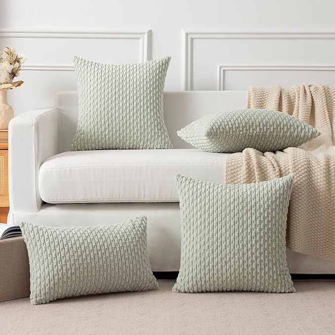 Kevin Textile Pack of 2 Corduroy Decorative Throw Pillow Covers 22x22 Inch Spring Soft Boho Striped Pillow Covers Modern Farmhouse Home Decor for Spring Sofa Living Room Couch Bed Light Green