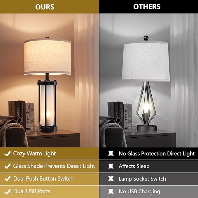 RORIA Set of 2 Modern Table Lamps for Living Room with 2 USB Ports, White Frosted Glass Nightlight for Bedroom, Contemporary Desk Lamps for Nightstand End Table Entryway, 4 Bulbs Included (Black)