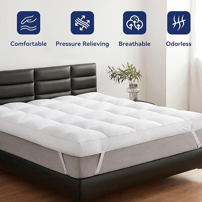 Dual Layer 5 Inch Goose Feather Mattress Topper Queen Size, 4 Inch Goose Feather Plus 1 Inch Down Alternative Pillow Top, Medium Firm Featherbed with Adjustable Straps(60"x80", Wavy)