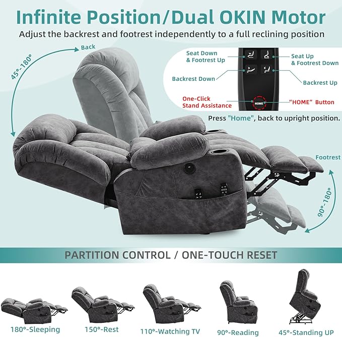 MEETWARM Oversized Dual Motor Lay Flat Power Lift Recliner Chair for Elderly with Heat Massage, Large Sleeping Electric Recliner with Extended Footrest, Lumbar Pillow, USB & Type-C Ports, Plush-Gray