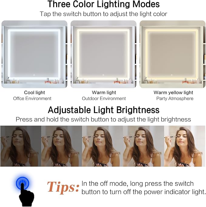 42" Makeup Vanity Desk with Mirror and Lights, & Power Outl, Glass Top Big Vanity Table with 9 Drawers& 8 Storage Shelves, Dressing Table Set with Chair for Bedroom, White