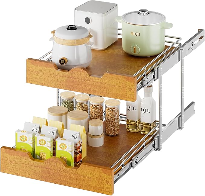 DINDON 2 Tier Pull Out Cabinet Organizer (17" W x 21" D) Slide Out Wood Shelf Double Tier Kitchen Wire Basket With Chrome Finish…