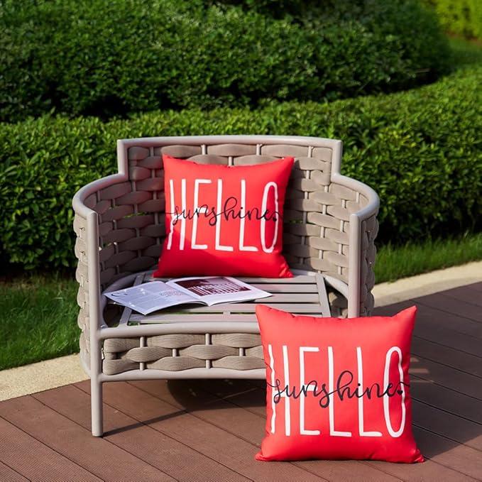 DFXSZ Outdoor Pillow Covers 18x18 Inch Set of 2 Hello Sunshine Decor Red Waterproof Throw Pillow Covers Summer Outdoor Waterproof Pillow Covers Decor for Patio Funiture Garden Sofa Couch 020A18
