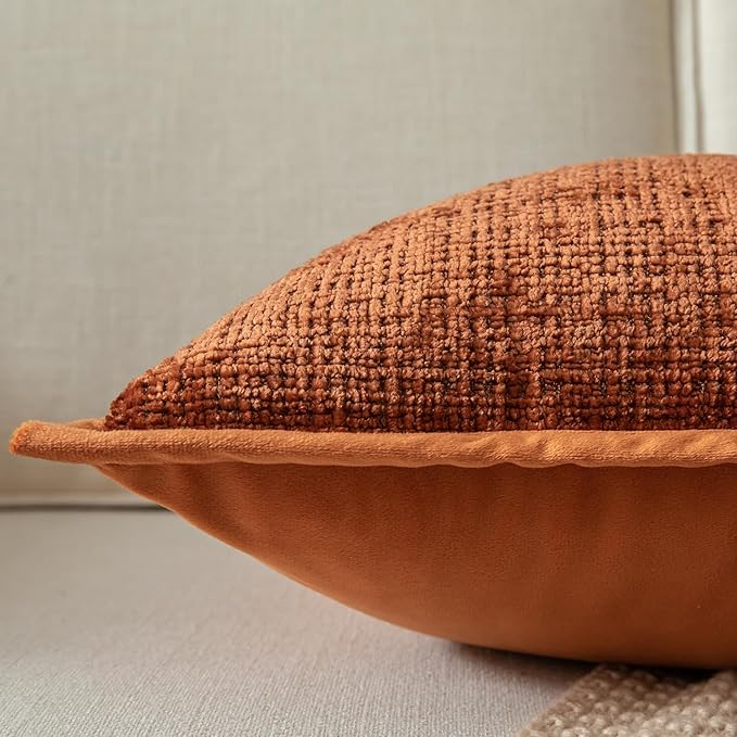 Yaertun Pack of 2 Chenille Textured Decorative Throw Pillow Covers Accent Solid Cushion Cover Soft Cozy Pillow Case with Velvet Back for Couch Sofa Bed Living Room 12x20 Inch Burnt Brick