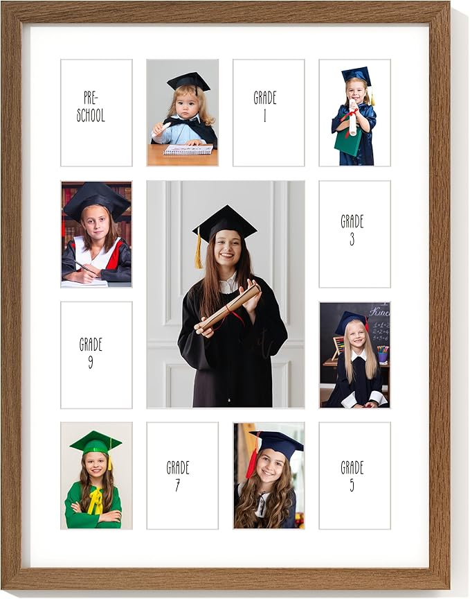 Axeman 12x16 School Years Picture Frame K-12 Day Graduation Photo Collage Solid Oak Picture Frame With Mat - Displays One 5x7 Photo and Twelve 2.5x3.5 Pictures, Hanging Hardware Included, Walnut