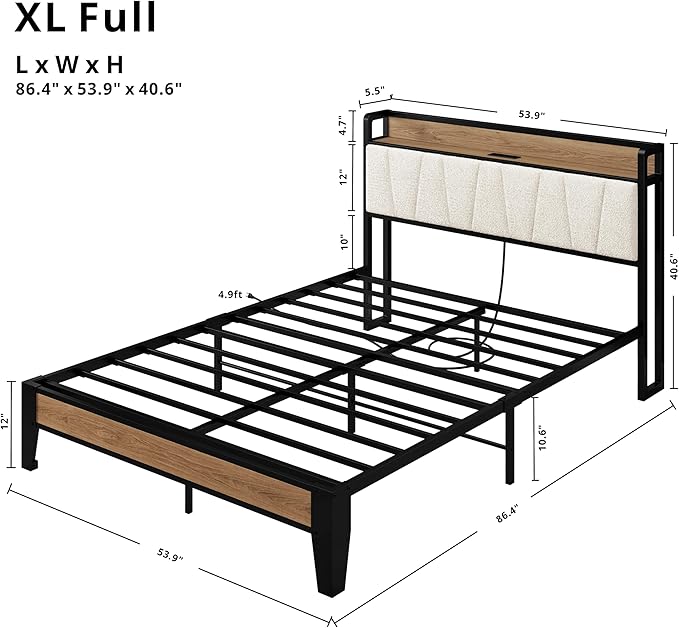 LIKIMIO Full XL Bed Frames, Storage Headboard with Charging Station, Solid and Stable, Noise Free, No Box Spring Needed, Easy Assembly, Wood and Cream