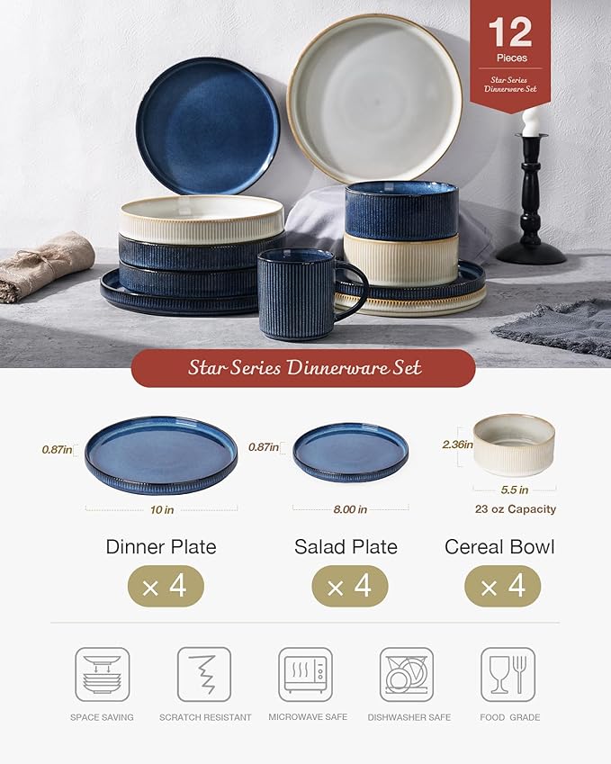 Famiware Star Dinnerware Set, Plates and Bowls Sets for 4 (12pcs), Ribbed Stoneware Dishes - Chip & Scratch Resistant, Microwave & Dishwasher Safe, Multicolor - Cappuccino White & Nebulas Blue