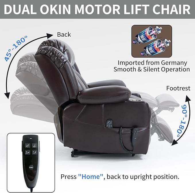 Electric Lay Flat Recliner Chair with Vibration Massage Heat for Elderly People, Power Lift Chair with Dual Motor Cup Holders, Faux Leather Red Brown