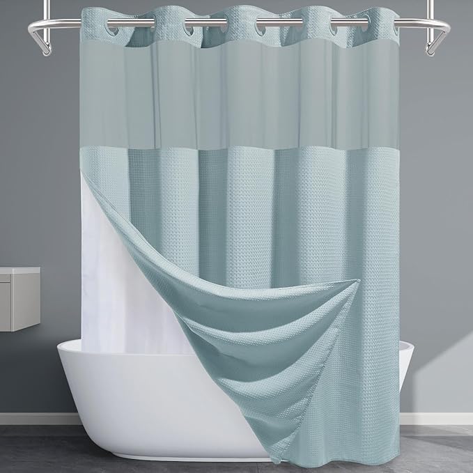 Fog Blue Long No Hook Shower Curtain with Snap in Liner,230GSM Waffle Weave Shower Curtains for Bathroom,71W x 86H