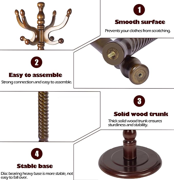 Coat Racks Free Standing with 11 Hooks, Natural Wood Coat Stands for Entryway, Adjustable Height 74 in Tree Coat Rack Stand for Hallway Home Office Bedroom (Brown Round Base)