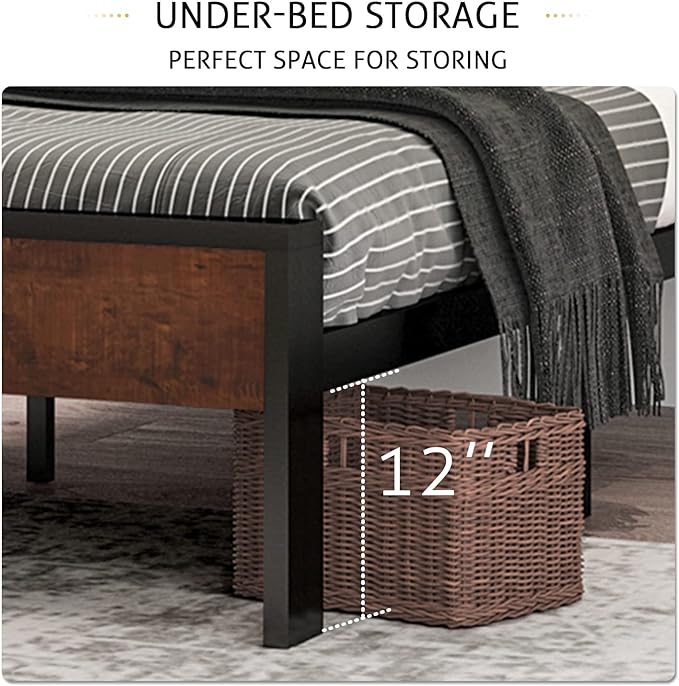 SHA CERLIN 14 Inch King Size Metal Platform Bed Frame with Wooden Headboard and Footboard, Mattress Foundation, No Box Spring Needed, Large Under Bed Storage, Mahogany