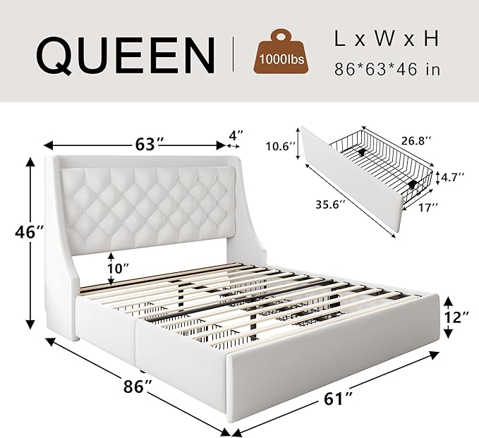 Queen Bed Frame with 4 Storage Drawers, Upholstered Bed Frame with Large Wingback Headboard, Charging Station, No Box Spring Needed, White