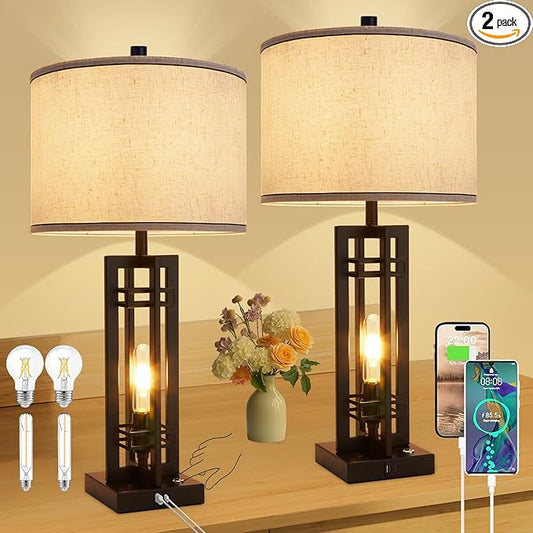 27" Touch Control Farmhouse Table Lamps, Set of 2 Tall Rustic Table Lamps 2-Light Design with USB A+C Ports, Bedside Lamps with Cream Shade for Living Room Home Office, 4 LED Bulbs Included