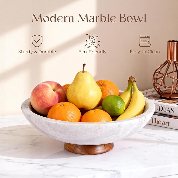 Gray Marble Fruit Bowl with Acacia Wood Pedestal, Large Decorative Footed Bowl, Natural Stone Centerpiece for Kitchen Counter, Entryway, Keys, Dining Table, House Warming Gifts New Home(11Inch)