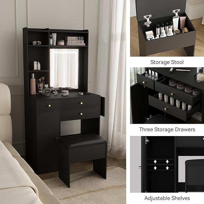 ARTETHYS Vanity Desk with Mirror and Lights Black Makeup Vanities Set with Storage Chair Dressing Table with Drawer and Fold-up Panel for Bedroom