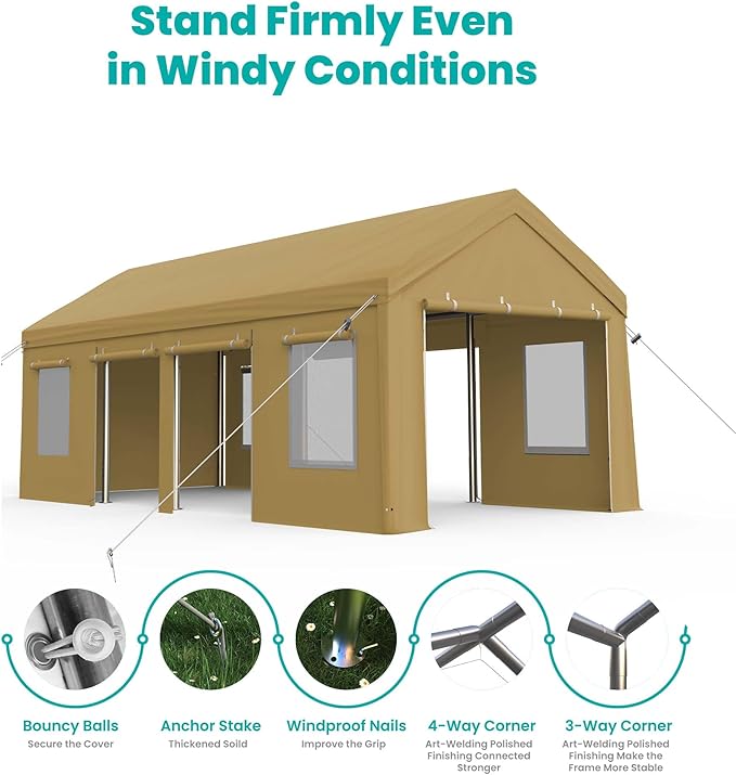 13x25ft Carport, Heavy Duty Carport with Reinforced Steel Poles, Upgraded Portable Garage with Doors & Window, UV Resistant All-Season Waterproof Tarp, for Car, Truck, Boat (Yellow)