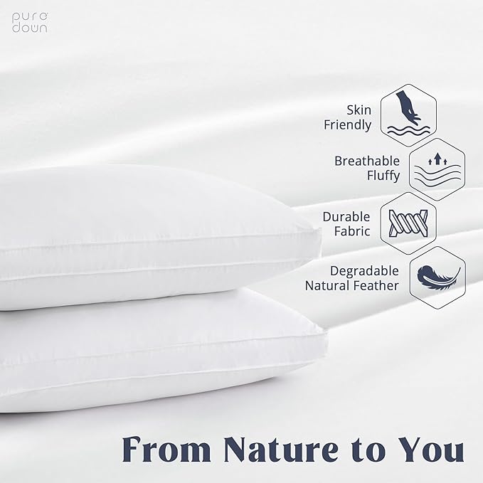 Goose Down Feather Pillows with 100% Cotton Cover, Soft Gusseted Bed Hotel Collection Pillows for Sleeping, Set of 2, Queen Size