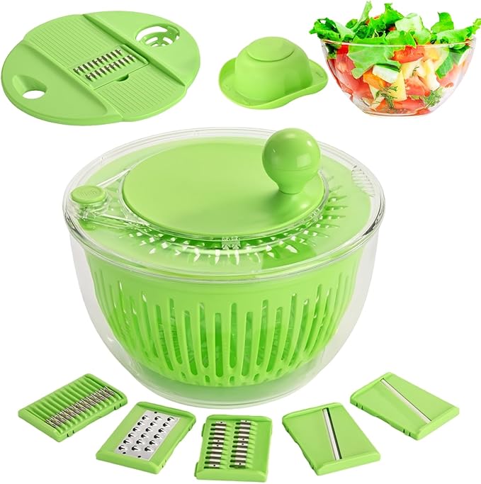 Salad Spinner, Large Vegetables Wash Bowl, 4.8 Qt Fruits Lettuce Dryer with 5 Blade Slicer and Slicer Egg Yolk Strainer Shredder for Salad Cleaner