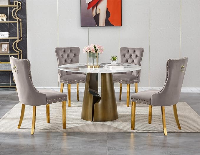 5-Piece Faux Marble Round Dining Table Set for 4, Modern Luxury Kitchen Table Set for 4 with Grey Tufted Chairs,Circle Dining Tables with Pandora Grain Top and Bronze Pedestal Base