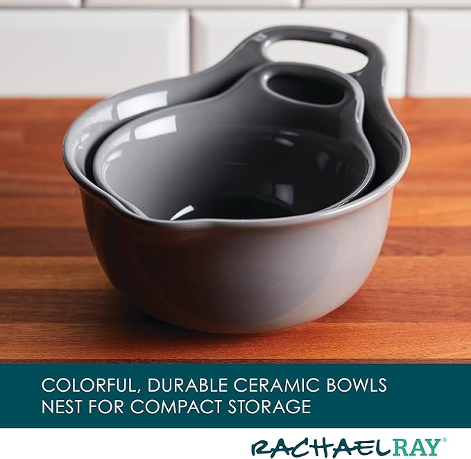 Rachael Ray Ceramics Nesting Mixing Bowl Set with Pour Spout, 1 Quart and 2 Quart - Dark Gray