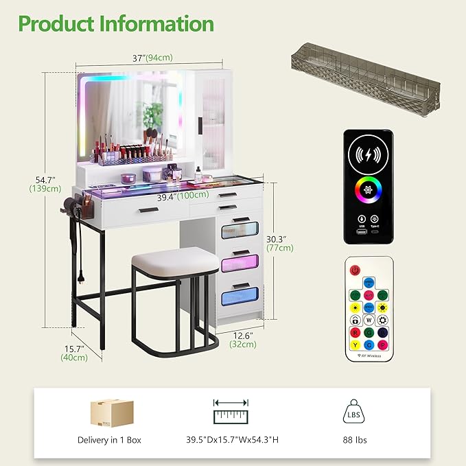 HENBC Vanity with Mirror and LED Lights, Glass Top Vanity Desk with Charging Station(Wireless+USB+Type-C), RGB Makeup Table Set with Stool/Makeup Organizer/6 Drawers for Bedroom,White