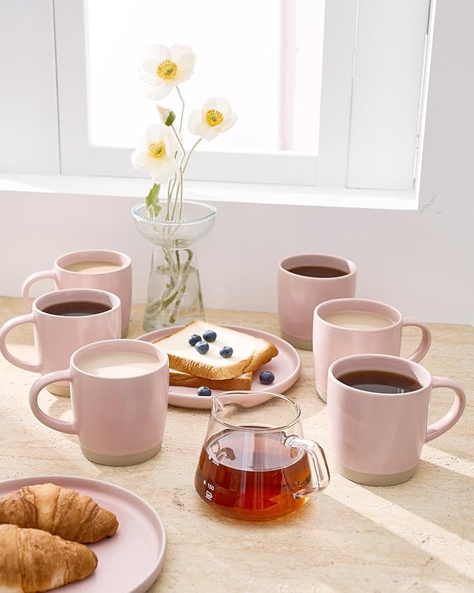 famiware Coffee Mugs Set of 6, Milkyway 13 oz Mug Set, Ceramic Cup Set with Handle for Coffee, Tea, Cocoa, Milk, Light Pink