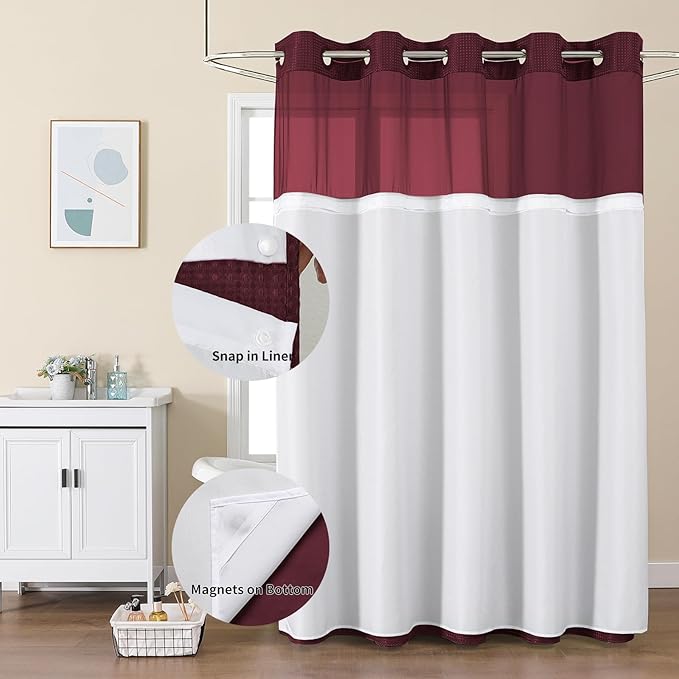 Colorful Star No Hook Waffle Shower Curtain with Snap in Fabric, Waterproof Shower Curtains with See Through Top Window, Hotel Luxury Heavy Duty Bathroom Curtain and Liner Set, 72'' x 75'', Burgundy