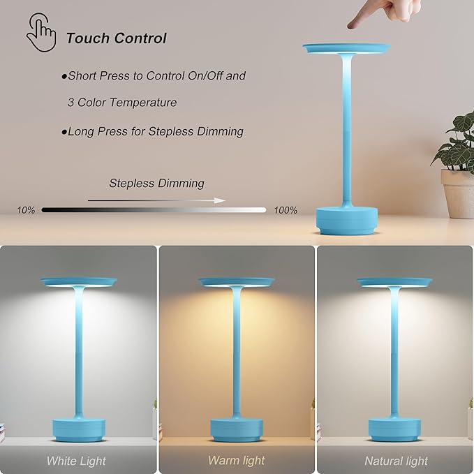 Rechargeable Cordless Table Lamps, Portable 5000mAh Outdoor Table Light, 3 Color Stepless Dimming LED Table Lamp with Memory Function, for Home/Dinner/Patio/Restaurant.(Blue)
