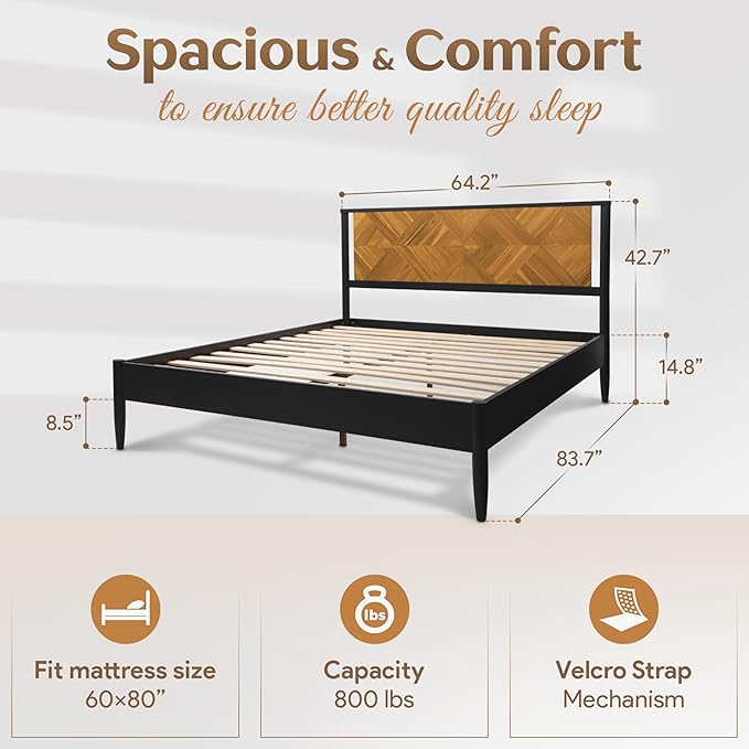 Lenia 14-Inch Queen Size Platform Bed Frame with Headboard – Heavy Duty Acacia Wood, Mid-Century Modern Style, 12 Slats for Support, No Box Spring Needed, Noise-Free, Easy Assembly, Teak Brown