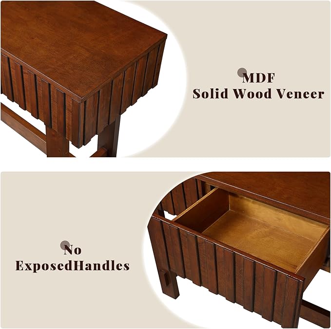 52" Console Table, Solid Wood Fluted Sofa Table Behind The Couch, Mid Century Farmhouse Entryway Table with 3 Drawers for Entrance, Hallway, Living Room, Foyer (Cherry)