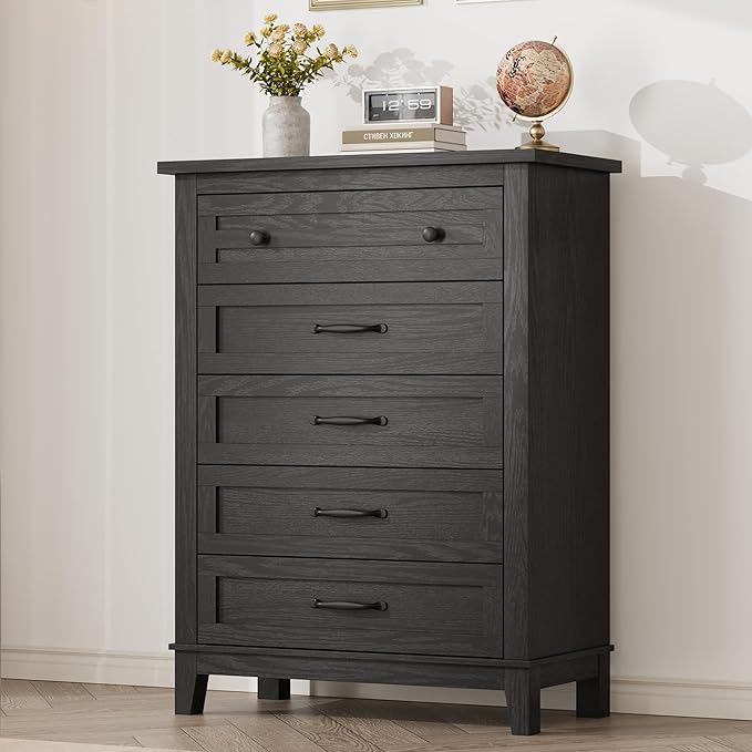 GarveeHome 5 Dresser for Bedroom, 41.3" Tall Vertical Drawer Dresser with Large Storage, Freestanding Wooden Closet Chest for Bedroom, Living Room, Black
