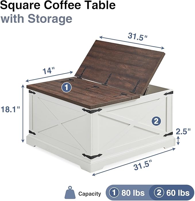 Farmhouse Square Coffee Table with Storage, Wood Center Table with Hinged Lift Top, Rustic Cocktail Table with Large Hidden Storage Compartment for Living Room, Bedroom,Antique White