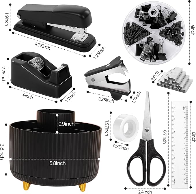 SKYDUE Black Office Supplies, Black Office Desk Accessories 10PCS, Pencil Holder for Desk, Stapler, Tape Dispenser, Scissors, Ruler, Clips and 1000pcs Staples, Desk Supplies Set