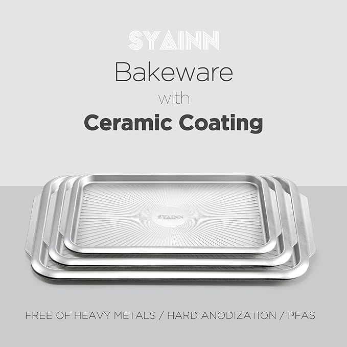 SYAINN Non-stick Ceramic Baking Sheet Set, Pack of 3 - Aluminum Steel Cookie Sheets for Baking - Includes Half/Quarter/Jelly Roll Pans - Warp Resistant, Toxic, PTFE & PFOA Free - Sliver