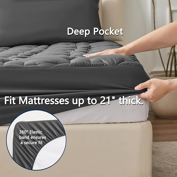 CozyLux Full Mattress Pad Deep Pocket up to 21" Non Slip Cotton Cooling Mattress Topper Breathable and Soft Quilted Fitted Mattress Cover Thick Pillowtop 450GSM Bed Mattress Pad Dark Grey