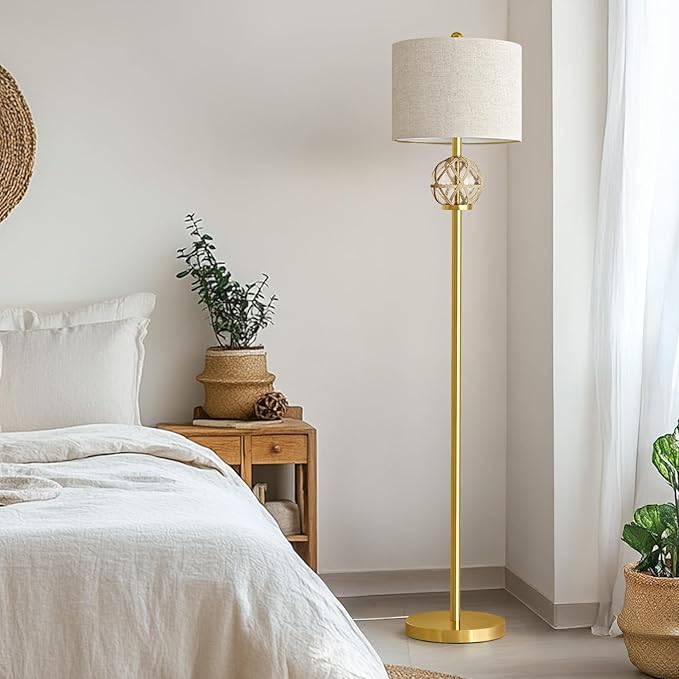 Oneach 61.5” Modern Floor Lamp for Living Room, Gold Boho Standing Lamp with Rattan Glass Design, Rotary Switch, Farmhouse Tall Lamps for Bedroom Office Dining Room (Without Bulb)