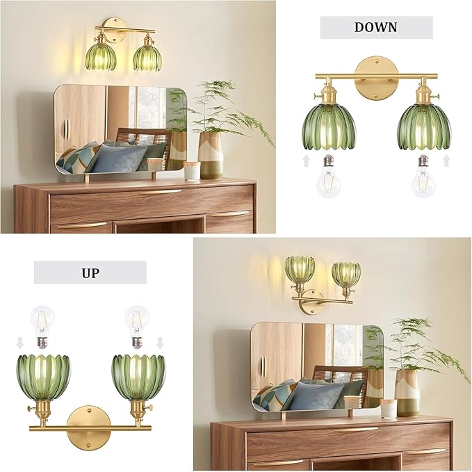 Bathroom Light Fixtures, 2-Light Brass Vanity Wall Light Over Mirror with Green Tulip Glass Shade for Bedroom Living Room