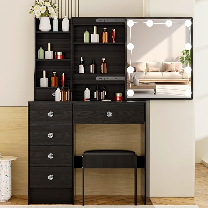 Black Vanity Desk with Sliding Mirror and Light, Small Makeup Vanity Table with 5 Drawers and Cushioned Stool for Bedroom, Makeup Vanity Set for Bedroom