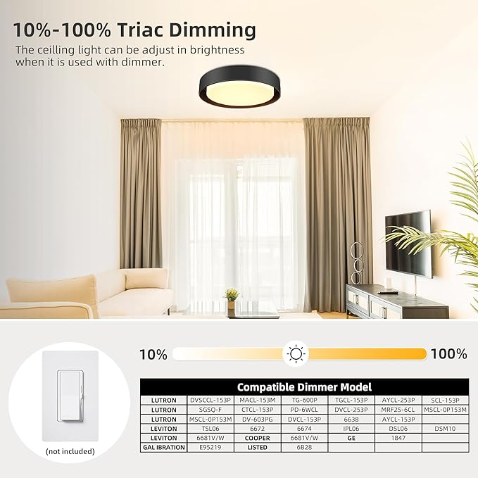 Hlite 10 inch Ceiling Light Fixture,Modern LED Flush Mount Ceiling Light,3000K/Warm White/20W,Dimmable 1600LM Rustic Indoor Room Decorative Ceiling Lights for Bedroom Kitchen, Black(1 Pack)