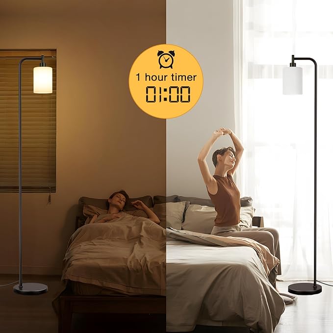 Floor Lamps for Living Room - Standing Lamp with Remote Control Glass Shade, Modern Floor Lamp with LED Bulbs, Bright Industrial Floor Lamp for Bedroom, Black Tall Lamp for Office