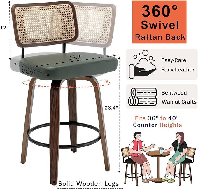 Swivel Counter Height Stools - 26 inch Counter Stools Set of 4 with Curved Rattan Back, Walnut Craftsmanship, Upholstered Seat, Counter Height Bar Stool for Island/Pub/Kitchen (26" Seat Height, Green)