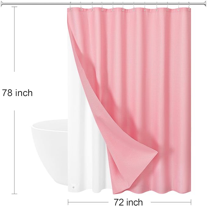 3 in 1 Long Pink Shower Curtain Set-72 W x 78 H, Modern Waffle and PEVA Liner Set with 12 Stainless Steel Hooks, Waterproof Fabric for Bathroom