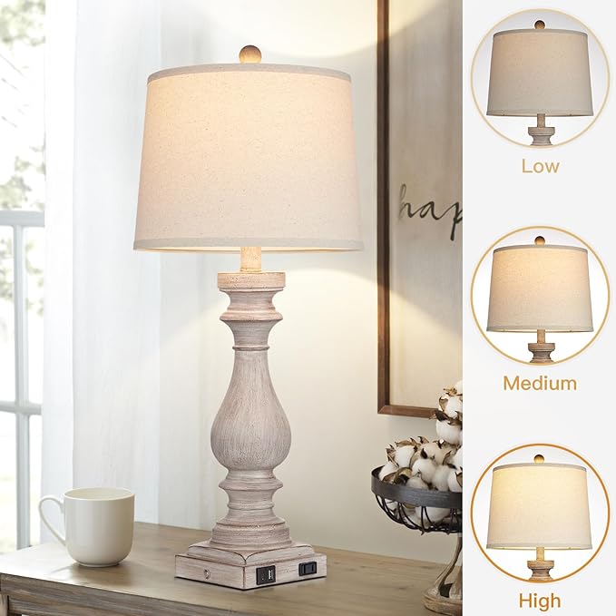 27.5" Farmhouse Table Lamp for Living Room Set of 2,Vintage Bedside Lamps with USB C+A Ports & AC Outlet,3-Way Dimmable Touch Control Gray Washed Finish Nightstand for Bedroom, Gray