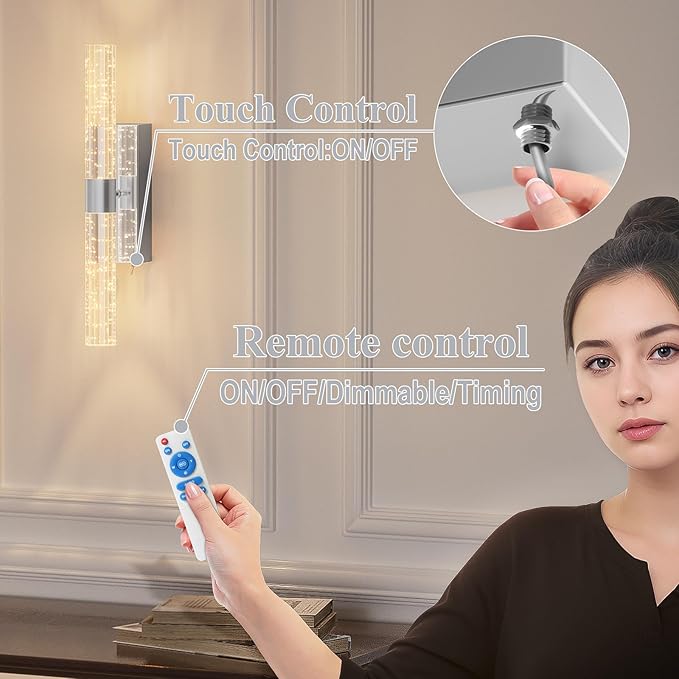 Battery Operated Sliver Wall Sconces Set of 2 Rechargeable Battery Powered Wall Light with 12000mAh Indoor Not Hardwired Dimmable Wall Lamp Fixtures for Bedroom Living Room 15.3 Inches