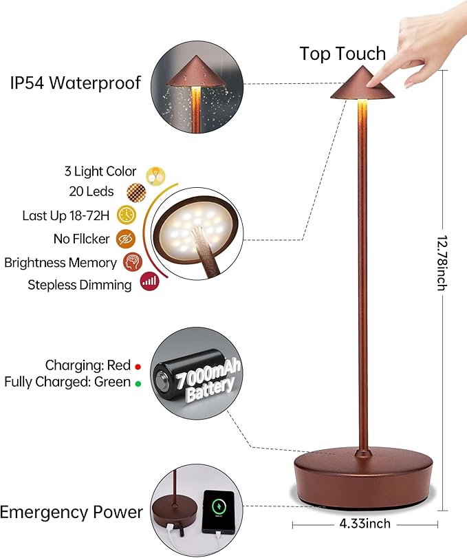 Cordless Led Table Desk Lamp 2 Pack, 7000mAh Battery Outdoor Table Light Waterproof for Restaurant Patio Camping Home Decor, USB-A Output, Brightness Memory, Dimmable